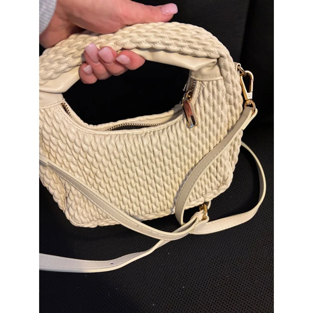 Sincerely Jules Cream‎ Quilted Hobo Bag Braided Handle Crossbody Ivory Ruched